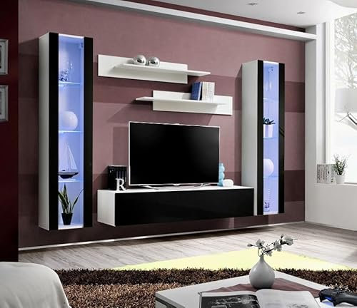 All4All Wohnwand Anet - Schrankwand Hängend - Anbauwand - Wohnzimmerschrank - Wohnzimmer - Modern - Weiß Matt/Schwarz Hochglanz 21