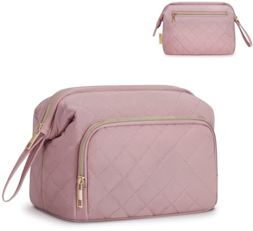 Große Kosmetiktasche Damen Make Up Tasche, Schminktasche mit Weiter Öffnung für Make-up und Reisen, Gesteppte Kulturtasche für Toilettenartikel, Rosa (Patent Angemeldet)