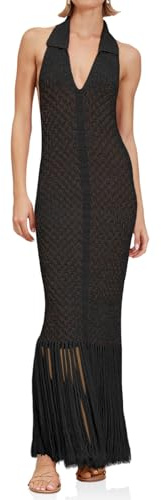 Saodimallsu Womens Halter Cover Ups Fringe Collared Crochet Sleeveless Mesh Knit Swimsuit Coverup Beach Maxi Dress Black