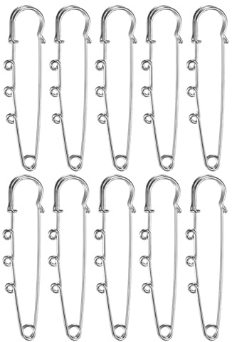 M METERXITY 10-Pack Large Safety Pins 2.56 Inch/ 65mm Plated Metal Brooch Pins with 3 Loops for DIY Garment/Blankets/Skirts, Heavy Hat Pins Craft Decorative [Silver Tone]