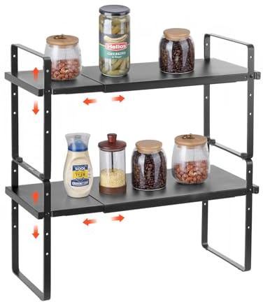 VEVOR Adjustable Kitchen Cabinet Shelf Organizer, Expandable 2 Tier Cabinet Shelf, Stackable Countertop Organizers and Storage Shelf Risers, Pantry Organizers for Kitchen Bathroom Office, Black