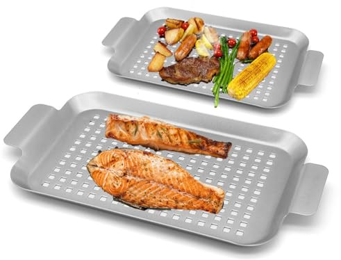Grill Topper Non-Stick Stainless Steel BBQ Tray with Holes Outdoor Grilling Pans for Meat Vegetables Set of 2 (16.5 x10 and 13x7.4)