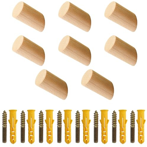 JRSHIRLEYLTD 8 Stück Kleiderhaken Holz Rund, Kleiderhaken Einzeln Buche Garderobenhaken mit Schrauben, Holzhaken Wand Multifunktionale für Flur Wohnzimmer Schlafzimmer Küche