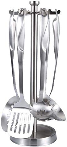 Set di 6 utensili da cucina in acciaio inox, antiaderenti, resistenti al calore, con supporto, cucchiai, mestolo lungo