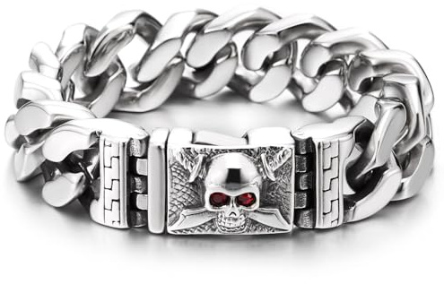 COOLSTEELANDBEYOND Edelstahl-Totenkopf-Armband für Herren mit Roter Zirkonia-Auge Kräftige Gothic Panzerkette Punk Stil