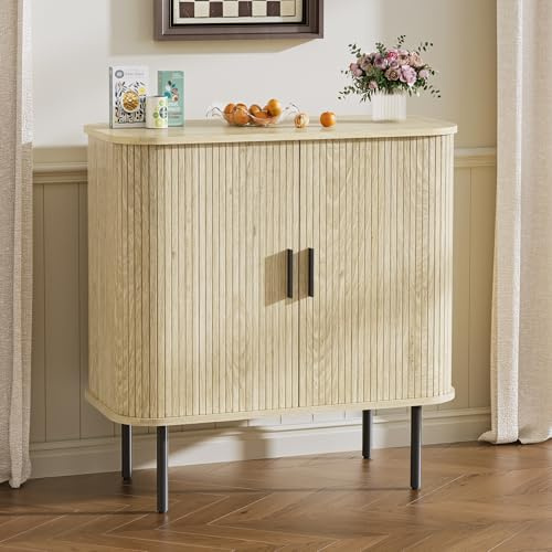 BonVache Sideboard, Buffet Storage Cabinet for Living Room, Kitchen Cupboard with Tambour Sliding Door, Storage Unit for Modern Home Dinning Room,Nature