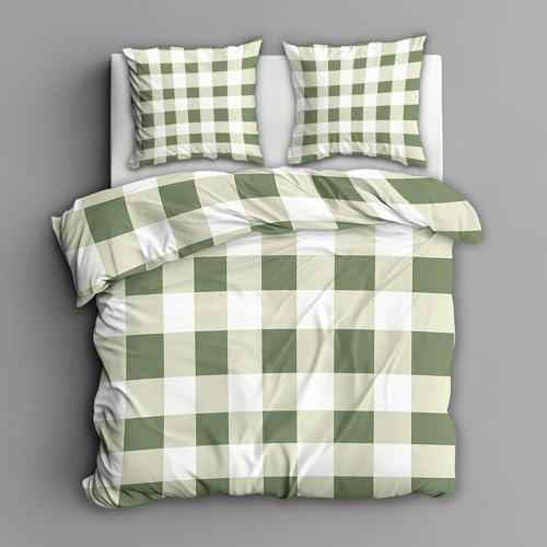 Générique Housse de Couette 240 x 260 Carreaux Vert, 2 Personnes - Parure de Lit Motif Géométrique, 2 Taies d'oreiller 65x65, Zippée, Microfibre Doux, Decoration & Cadeaux - YrA151