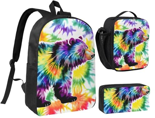 LXqlSS Bear Dancing - Mochila con estampado de teñido anudado para uso diario, juego de mochila de 3 piezas con lonchera y estuche para lápices
