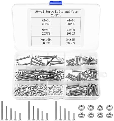 Juego de 200 tornillos M4, acero inoxidable, tornillos de cabeza avellanada de acero inoxidable, tornillos de máquina M4, juegos de tuercas, tornillos hexagonales