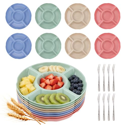 DIYJEP 8Pcs 5 Sectional Serving Platter with Fruit Forks(4 Colours)