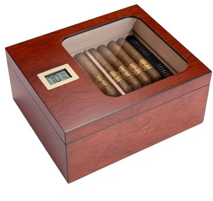 Cigarrfodral, cigarrförvaringslåda, resehumidor, 1 st med hygrometer och luftfuktare, glaslock for 55 cederträtillbehör(Rosewood Grain)