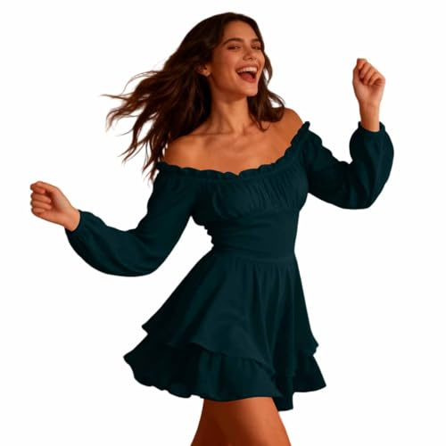 LDZYXY Abito Estivo Donna in Chiffon Stratificato con Gonna Palloncino e Volant Scollo Rotondo Spalle Scoperte Mini Vestito Svolazzante Casual (Verde, L)