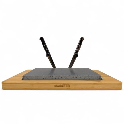 Black Rock Grill Large Lava Sizzler Finishing Warming Platter, with authentic Brazilian crafted Tramontina steak knives. Real Italian Lava Serving Stone for Steak & Fajitas.