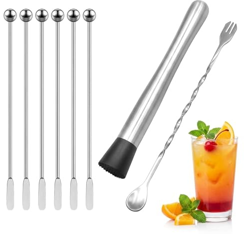 9 Pcs Cocktail Muddler, Stirrers, Ice Crusher, 19cm Drink Mixing Spoon, Professional Bartender Kit, Easy To Clean, For Coffee, Juice,Mojito, Home Bar, Party, Bartender, Home Mixologist