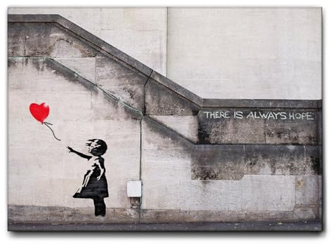 Giallobus - Gemälde - Banksy - Rotes Ballonmädchen - Leinwand mit Standardrahmen - 100L x 70l cm - Bereit zum Aufhängen - Moderne Gemälde
