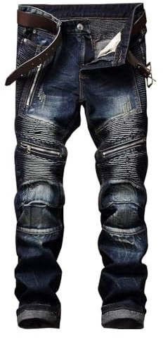 AITITIA Men's Biker Zipper Deco Washed Straight Fit Jean (34W x 32L, Dark Blue)