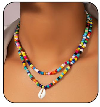 Jovono - Collar con cuentas de concha estilo bohemio, cuentas de colores, con colgante adecuado para verano, para mujeres y niñas