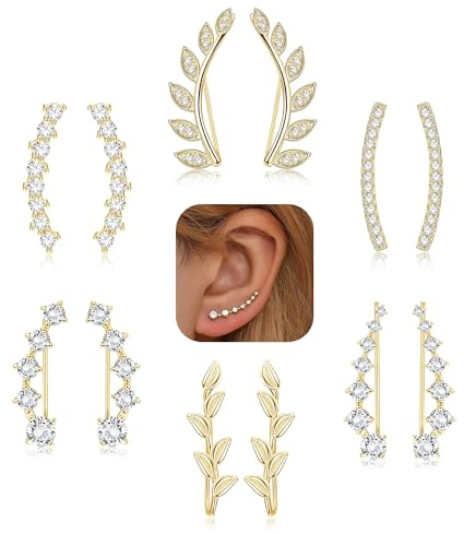 FINREZIO 6Pairs Ear Cuffs Climber Hoop Earring CZ Arrow Crawler Stud Earring Jacket for Women Gold