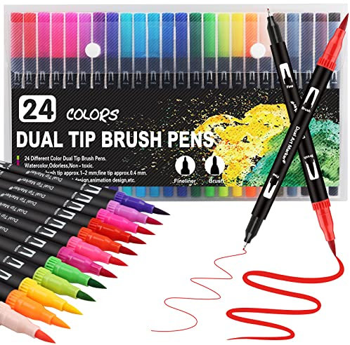 Funnasting Colouring Pens Dual Tip Brush Pens, 24 Colors Felt Tip Pens for Adults, Brush Marker Pens for Colouring Book Journal Drawing Lettering Sketching