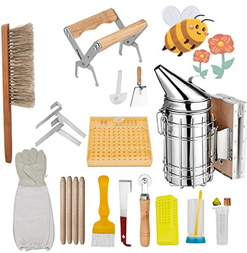 Kacsoo Imkerei-Werkzeug-Set, 15-teilig, großes Imkerei-Werkzeug, Entdeckelungsgabel und Bürste, Deluxe-Imker-Starter-Set, Bienenstock-Set, Bienenstock-Set, Bienenzucht-Zubehör (15 Stück)