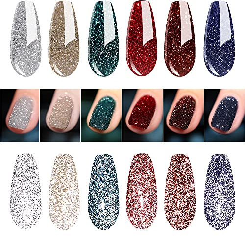 Vishine UV Nagellack Glitzer, Gel Nagellack Glitzer Reflechissant Funkelnd Weihnachten Einweichen UV nagellack Sparkly Shiny Gel Nagel Art Maniküre Lack 6 Farben