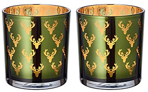 EDZARD - Set di 2 portacandele antivento, in vetro, Dirk, colore verde, motivo cervo, altezza 8 cm