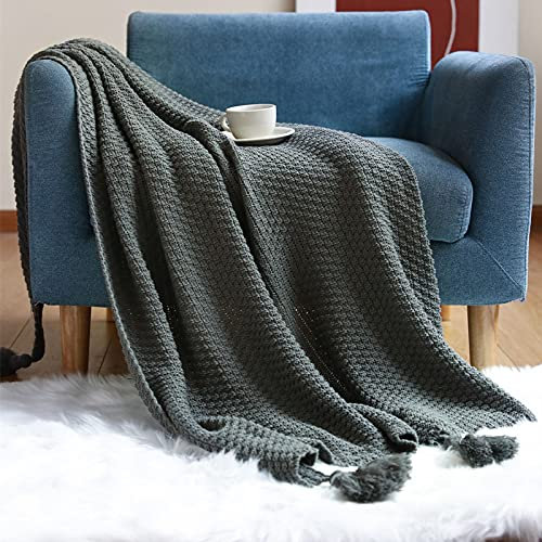 Zoomlie Weiche Strickdecke für Sofas, groß mit dekorativen Fransen, 130 x 170 cm, gemütliches Rautenmuster, klassisches Design, Decke für Büro, Schals, Couch, Bett (grau, 150 x 240 cm)
