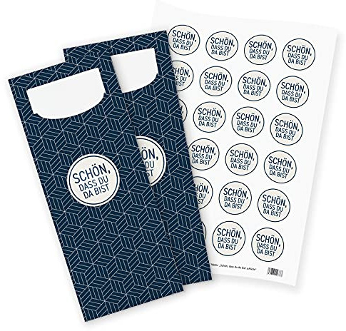 itenga 24x Bestecktaschen Schön dass du da bist dunkelblau mit Muster Pochetten inkl. Serviette und Sticker Aufkleber Tischdeko Einweggeschirr