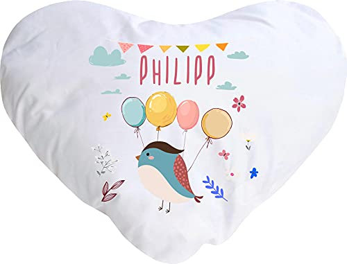 Kleckerliese Baby Kinder Kissen Kissenhülle Tiere Motiv, Vogel mit Wunschname Balon Wolken, 40x44 cm Farbe Weiß mit Füllung