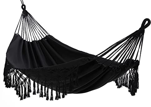 Dubbel hängmatta 2 personer stora brasilianska hängmattor kanvas bomull inomhus hängmatta för sovrum uteplats veranda trädgård (svart, 240 x 150 cm, 204 kg)