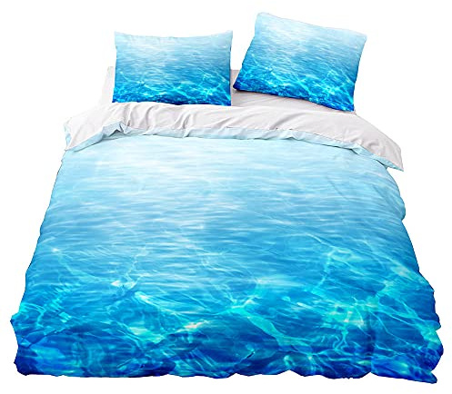 Copripiumino Matrimoniale 240 x 220 cm Acqua di mare Blu 3D Copri Piumino con Cerniera, Biancheria da Letto in Microfibra con 2 Federe 50x80 cm