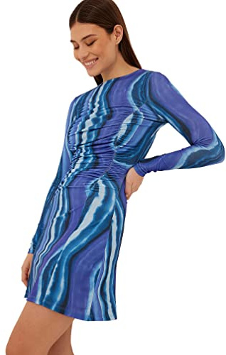 NA-KD Minivestido de Manga Larga con Detalle Fruncido Vestido Informal, Estampado Azul Remolino, M para Mujer