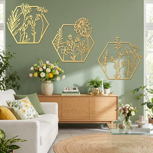 3 Stück goldene Metallblumen-Wanddekoration, minimalistisch, florales Wandbehang, Dekoration, Metallblume, Wandkunst, Blumen-Metall, Küche, drinnen und draußen (sechseckiger Stil)