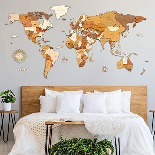 68travel Hölzerne Weltkarte Wanddekoration - mehrschichtig, gebeiztes Holz, eingravierte Namen - einzigartiger 3D-Effekt - für Wohnzimmer, Bür, Schlafzimmer, Kinder L150 (150x75 cm)
