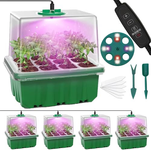 MQFORU Vassoio Germinazione con Luce di Coltivazione, 5 Pezzi 60 Celle Semenzaio per Piantine Mini Serra Propagatore con Luce di crescita Regolabile Luminosità & Umidità Propagatore di Semi Kit