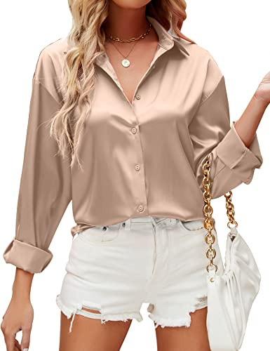 HANERDUN Blusas Mujer Elegantes Camisas Manga Larga Camiseta Raso Color Liso Top Fiesta Empresa Casual