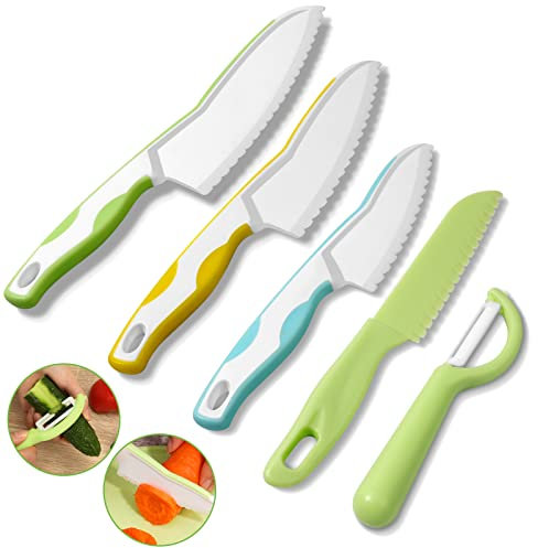 Goodchef Kindermesser Set 5-teiligs – Kinder-Küchenmesser mit Schäler, sicheres Lernmesser für Kinder ab 2 Jahren zum Schneiden von Obst & Gemüse – Koch- und Geschenkset