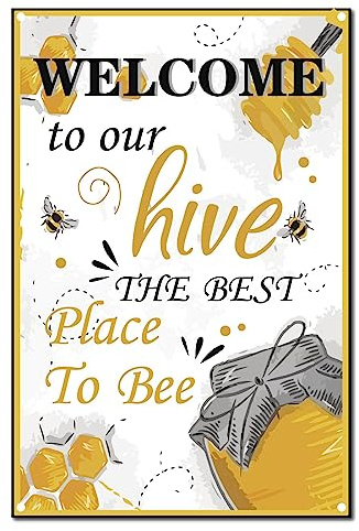 CREATCABIN Bees Metal Tin Sign Poster Vintage Retro Wall Art Decor Hanging Iron Painting Plaque for Home Kitchen Bathroom Living Room Decorations 8 x 12 Inch-Welcome To Our Hive The Best Place To Bee