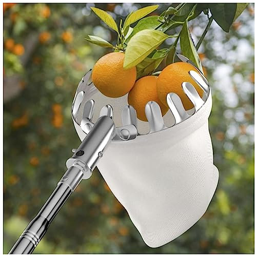 DXDRT Obstpflücker Teleskop, 6M Obstsammler Apfelpflücker mit Edelstahlstange&Baumwollbeutel, Praktischer Erntehelfer Leichter Obsternter für Apfel,Birne,Zitrone,Orange und mehr Früchte,Silber