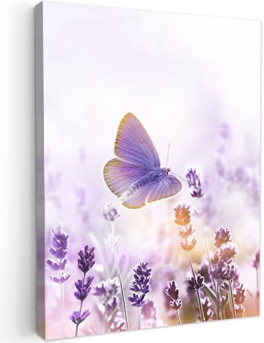 MuchoWow© Wandbilder Wohnzimmer Wanddeko Schlafzimmer Zimmerdeko Fotowand | 50x70 cm - Zimmer Deko Wand Dekoration Wall Art Bilder - Lavendel - Schmetterling - Lila - Blumen - Natur