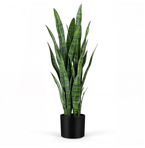 KOL 3ft Artificial Snake Plant, Fake Sansevieria Potted Plants, with Thick Lifelike Faux Leaves, Indoor Home Office Decor, Mother-in-Law Tongue Houseplant, 35in, Green