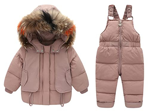 Boodtag 2pcs Unisex Baby Kids Puffer Winter Warm Hooded Down Coat with Snowsuit Snow Bib Pants Ski Suits Outfit Set Pink 5-6 Years