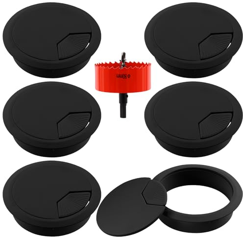 Glarks 6Pcs Black Desk Grommet 3-1/6inch Desk Adjustable Cable Hole Covers with 1Pc Hole Saw, Table Wire Cable Ring Hole Cover for Office and Home Table Cable
