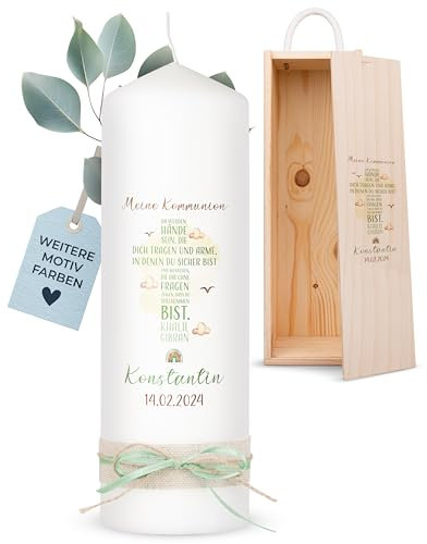 AMARI ® Kommunionkerze Personalisiert Mit Kreuz Schrift (002.08.02) H:25cm/⌀:8cm - Kerze für Junge/Mädchen - Selbst Gestalten