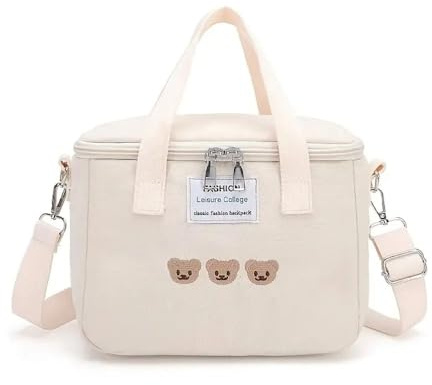 Isolierte Thermotasche zum Kühlen und Warmhalten mit besticktem Bärenmotiv, besonders für Babyflaschen und Kindermahlzeiten geeignet. Natürlich auch als Lunchbox für Erwachsene (Beige)
