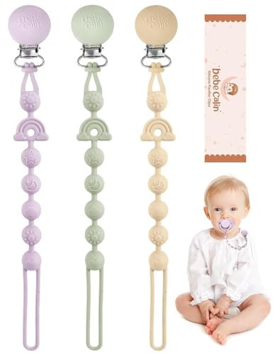 BebeCalin 3er-Pack Schnullerkette Silikon, Schnullerband BPA-frei, Weiche Schnullerkette Mädchen, Flexibles einteiliges Design für Babys, Hält den Schnuller sauber