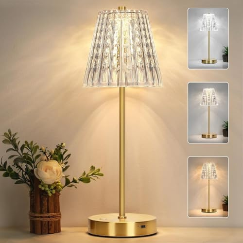 USMEI LED Tischlampe Kabellos, Kristall Tischleuchte Akku Touch mit 3 Helligkeitsmodi, Dimmbar Retro Tischlampe, Dekorative Nachttischlampe für Schlafzimmer, Wohnraum, Büro, Bars