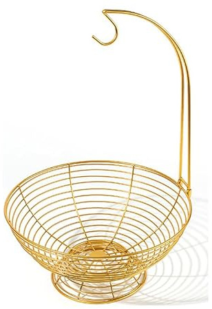 Sarmini Obst Etagere - 2 teilig - eine große Obstschalen & Bananenhalter - Obstkorb aus Metall -Obstkörbe für Obst Gemüse Brot Snacks (Gold, eine große Obstschale mit Bananenhalter)