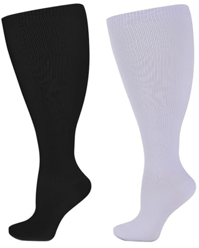 BoloShine 4 Paia Calze Compressione Graduata Uomo Donna, Extra Larghi Calze Contenitive Diabetici, Antiscivolo Calze Senza Cuciture Elastiche Antitrombo (2XL, Nero + Bianco)