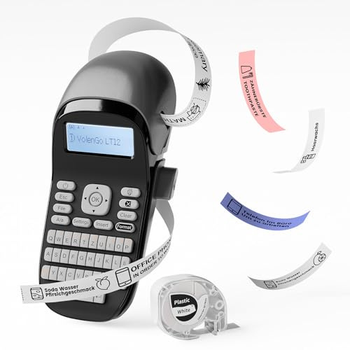 VolenGo Beschriftungsgerät, LT12 Etikettiergerät mit 12mm Selbstklebend | Aufladbar Beschriftungsgerät mit Hintergrundbeleuchtung, Bluetooth Etikettendrucker mit Qwertz Tastatur, für Heim Büro